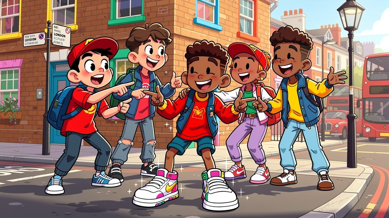 Cartoon friends using British slang in London street