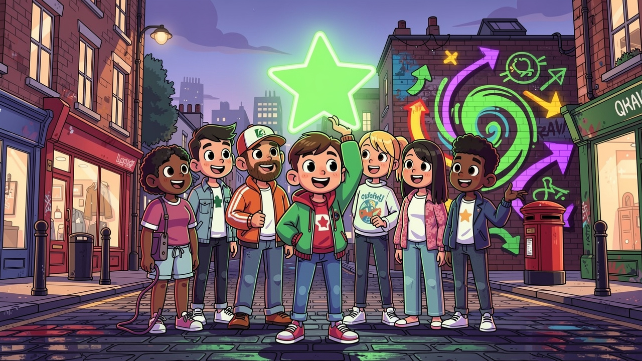 Cartoon of UK urban street scene celebrating top quality cannabis