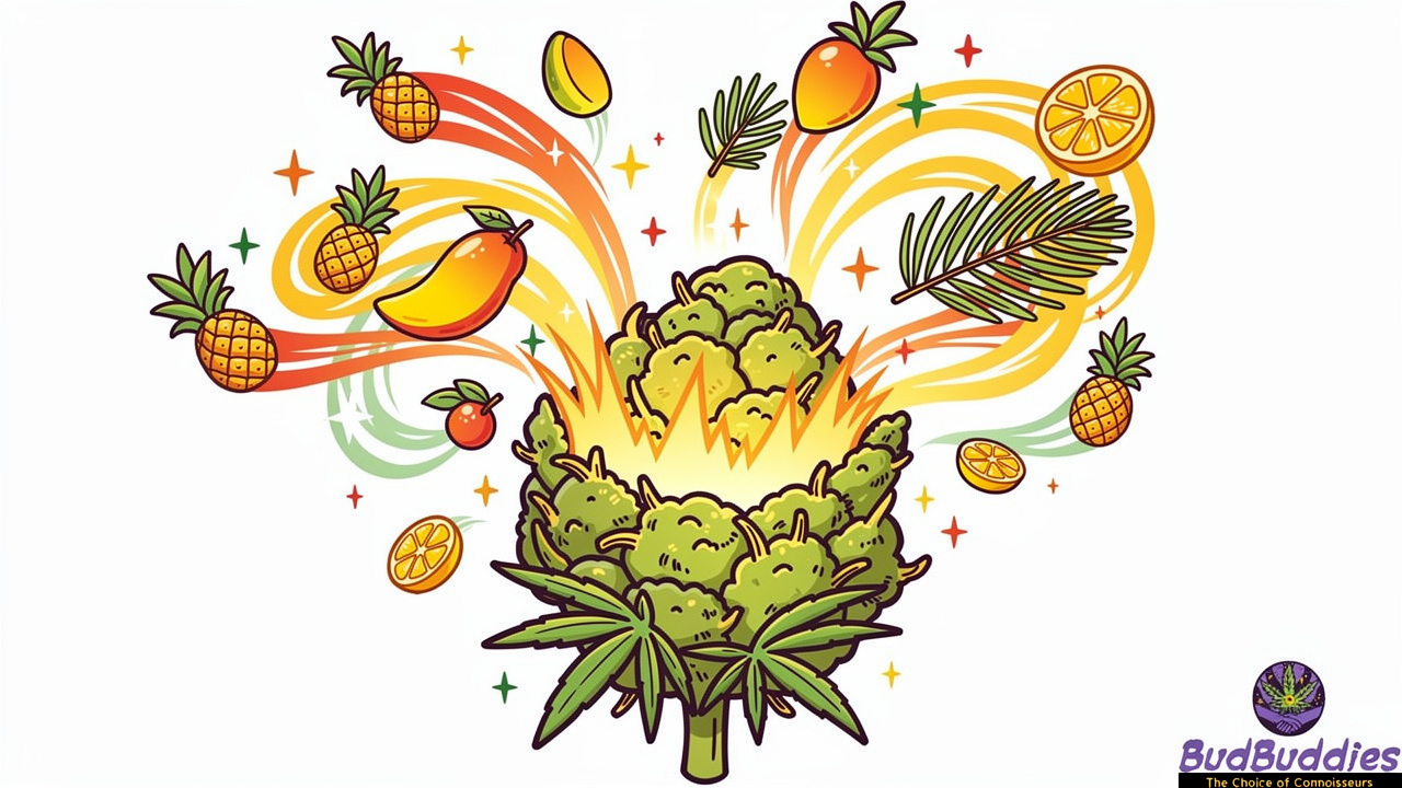 Cartoon illustration of Pineapple Express tropical aroma and terpenes
