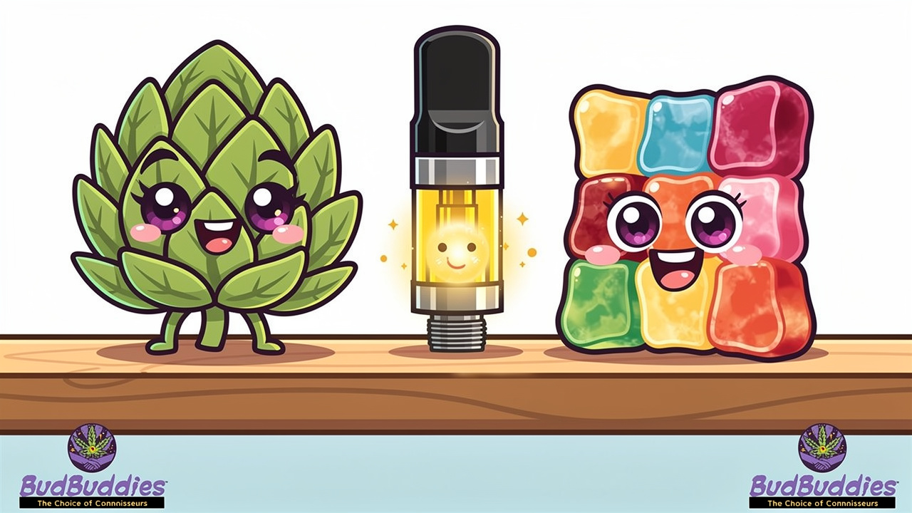 Cartoon comparison of Pineapple Express flower, vape and edibles