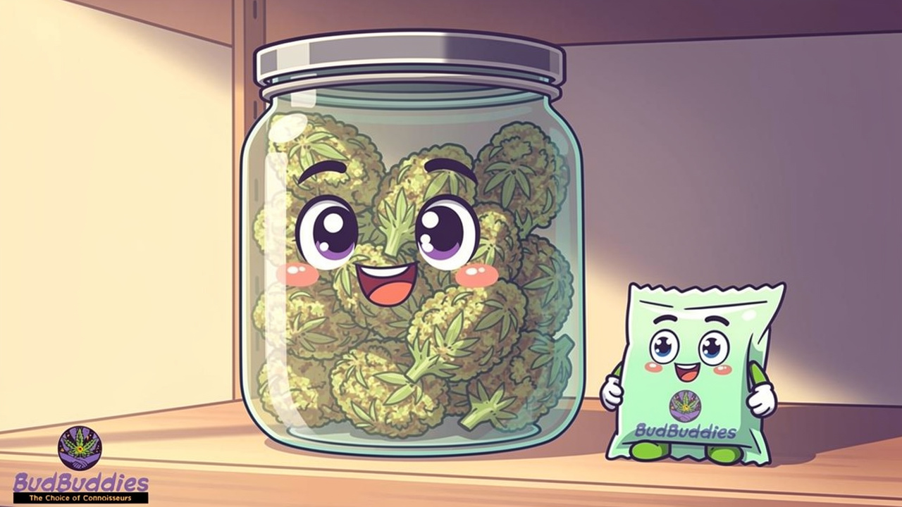 Cartoon glass jar keeping Pineapple Express flower fresh