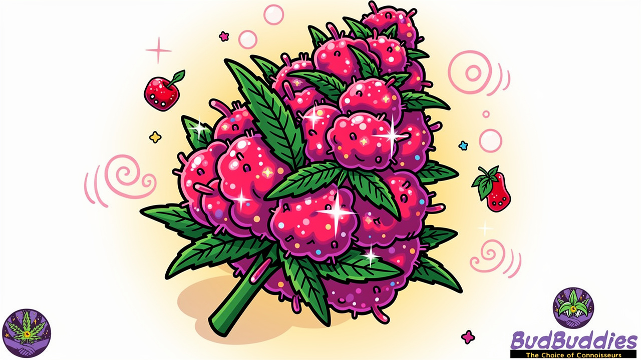 Cartoon bud releasing sweet fruity Pink Runtz aroma swirls