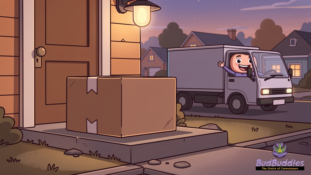 Cartoon of discreet unbranded Pink Runtz delivery box