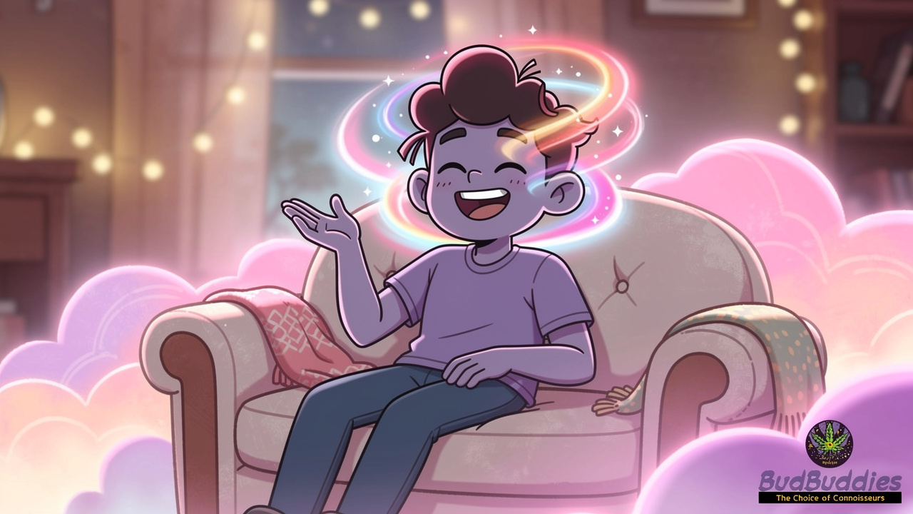 Cartoon of relaxed person enjoying Pink Runtz strain effects