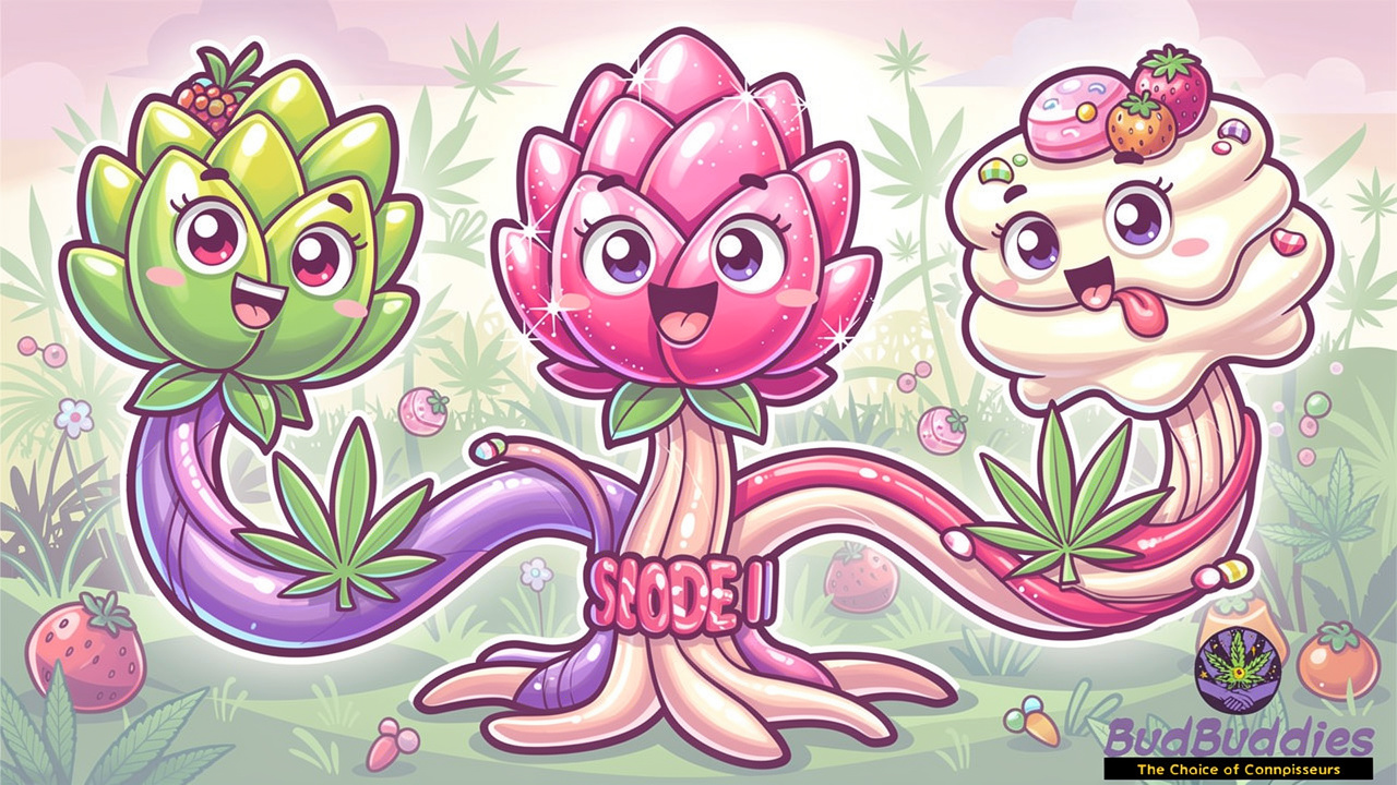 Cartoon of cannabis genetics blending into Pink Runtz strain