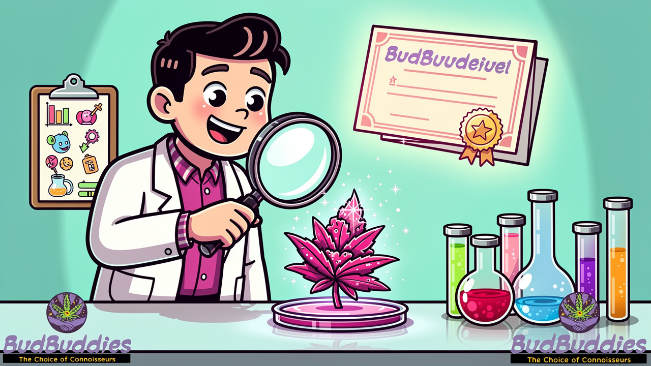 Cartoon scientist lab testing Pink Runtz cannabis quality