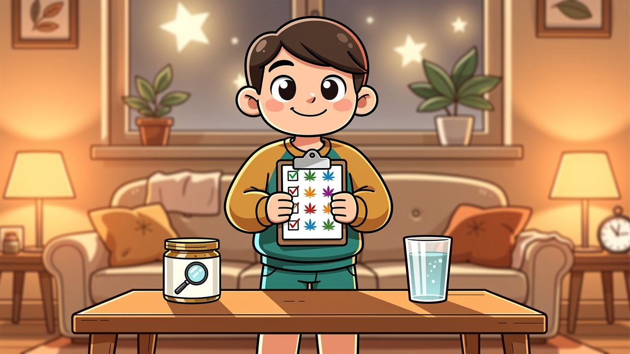 Cartoon character planning a safe and calm cannabis session