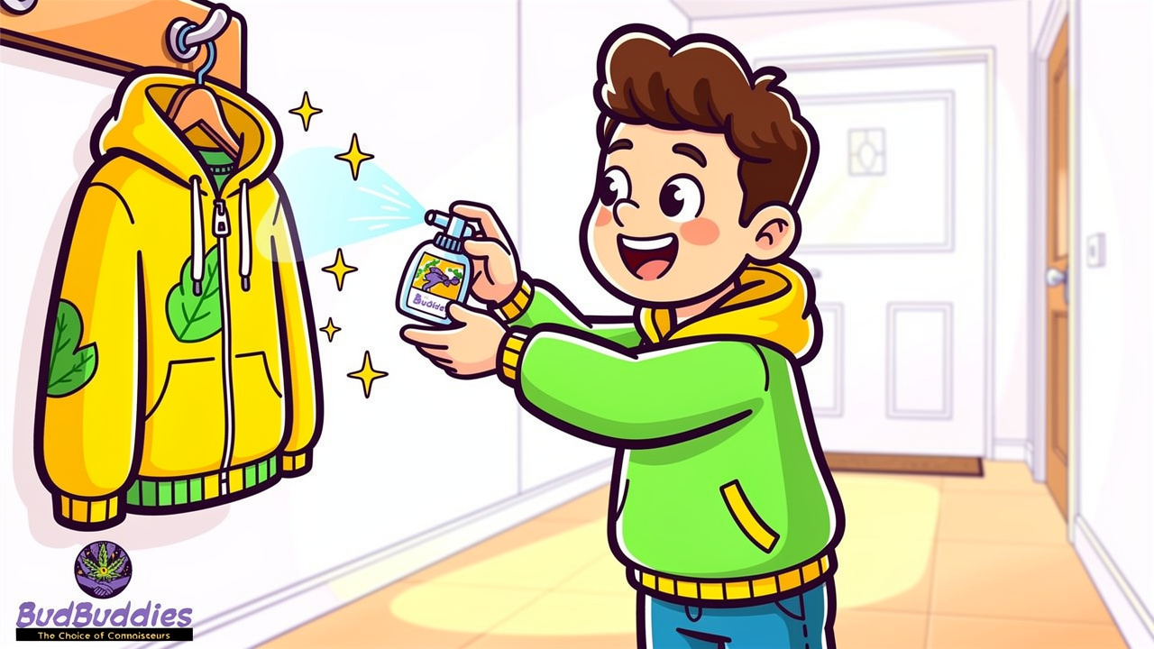 Cartoon character spraying pocket-sized bottle on clothing
