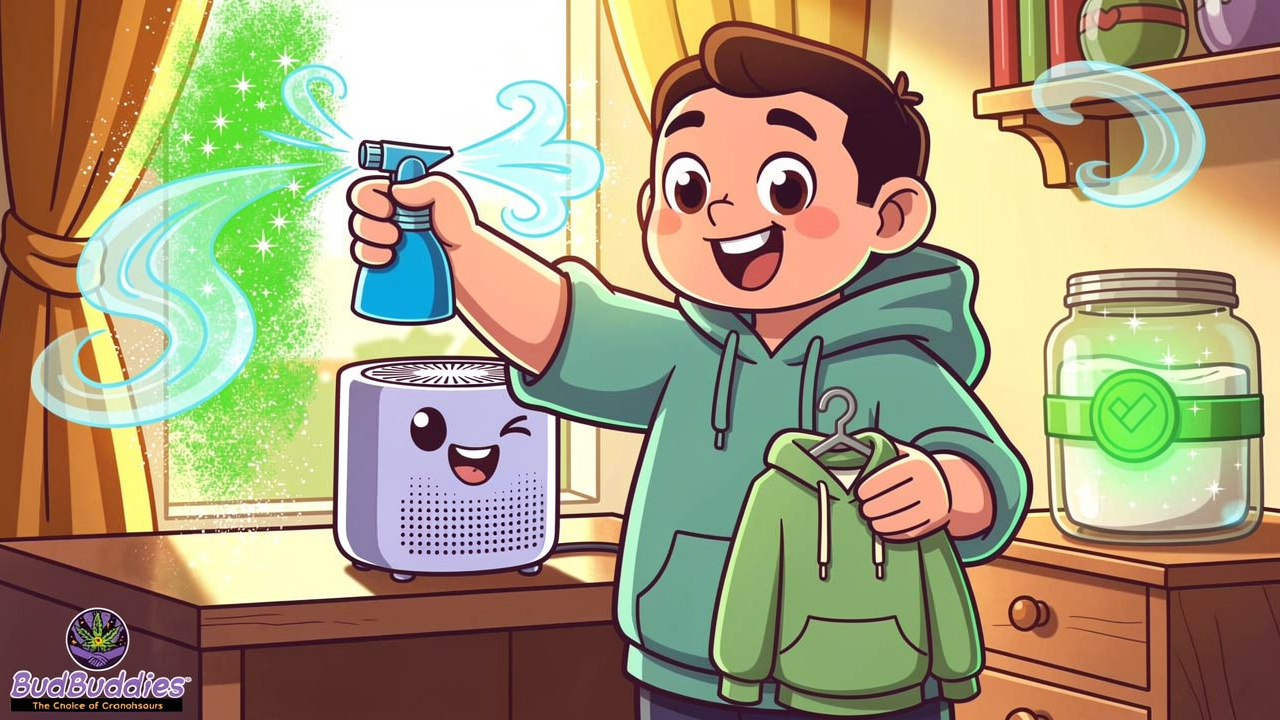 Cartoon character clearing residual odour before opening bedroom door