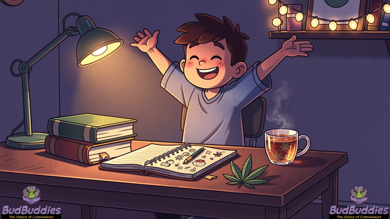 Cartoon student relaxing with cannabis after finishing study