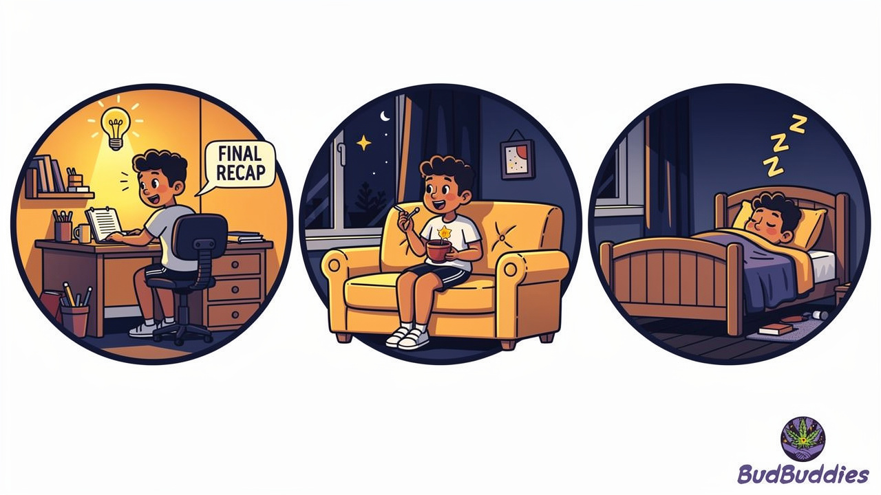 Cartoon showing study, cannabis, then sleep evening routine