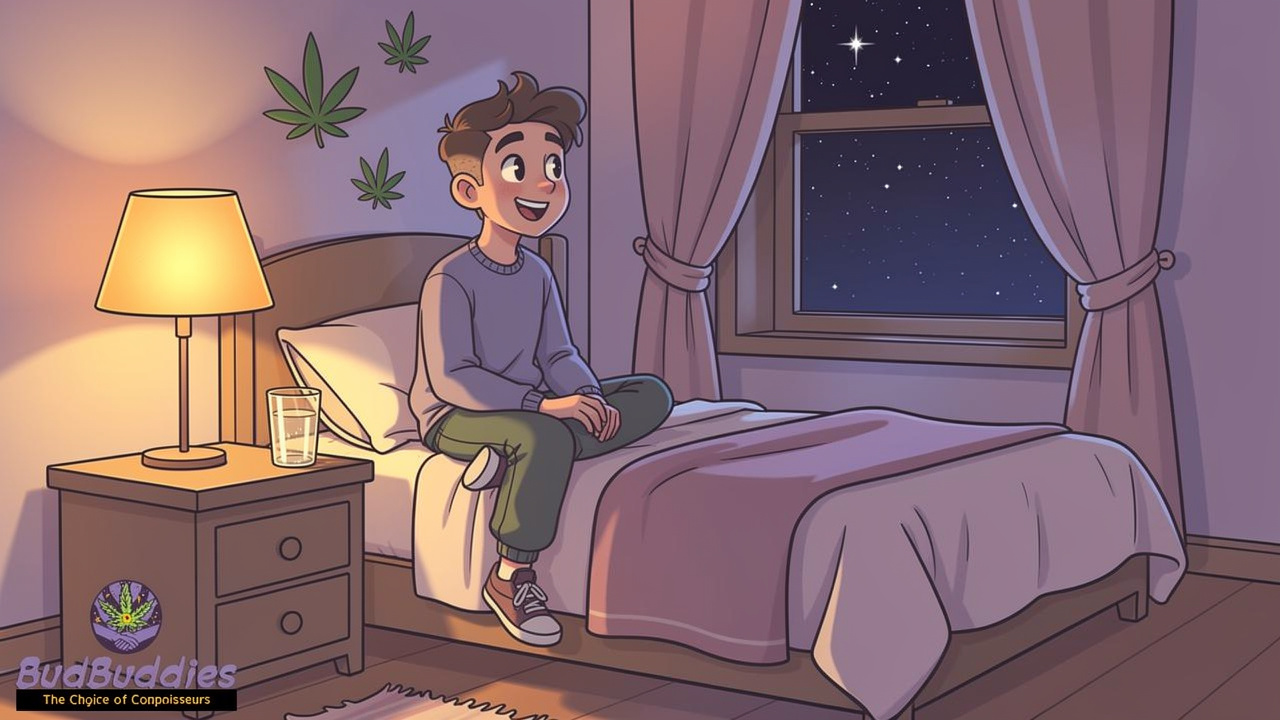 Cartoon cosy bedroom scene for cannabis wind-down routine