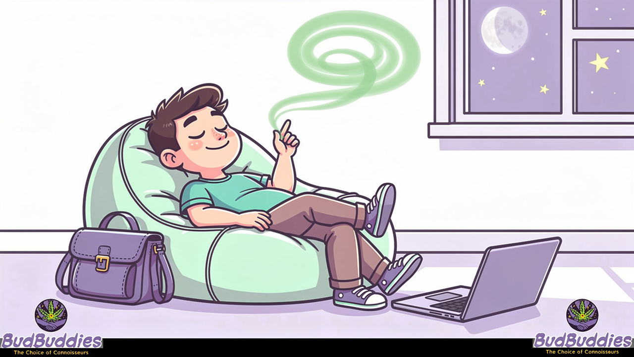Cartoon student winding down with cannabis after evening study