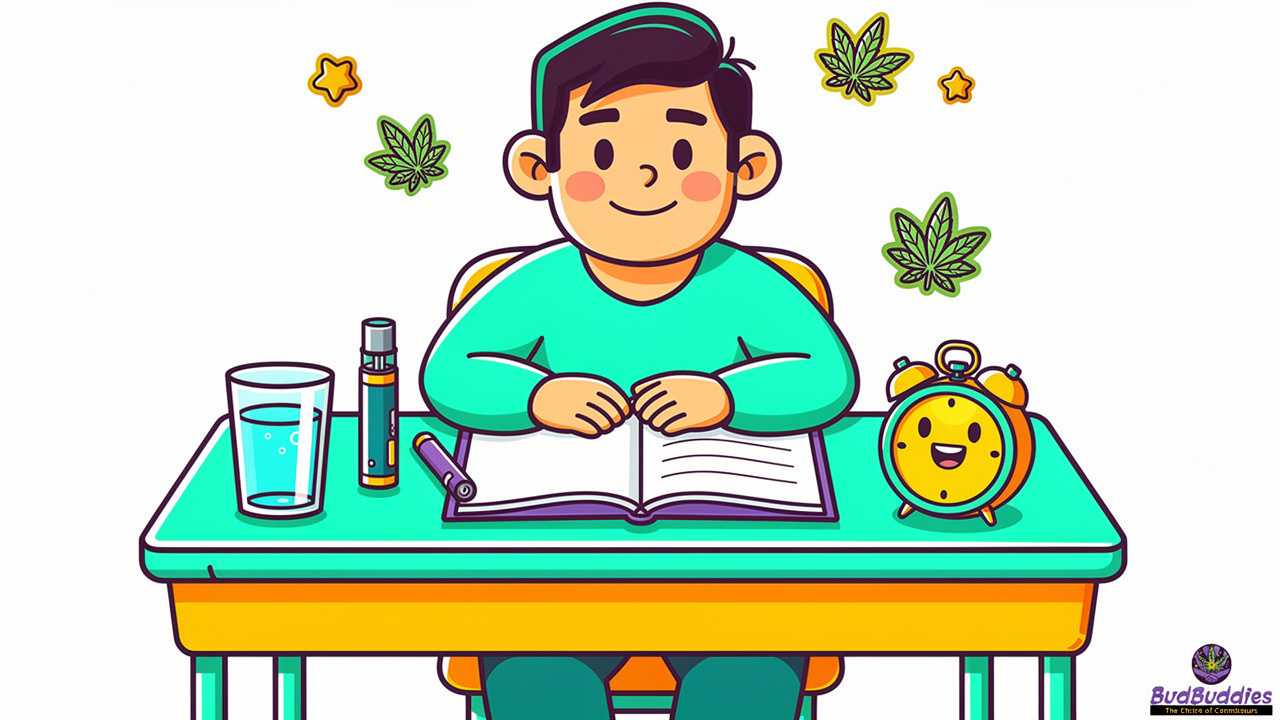 Cartoon student with organised desk and mindful cannabis use