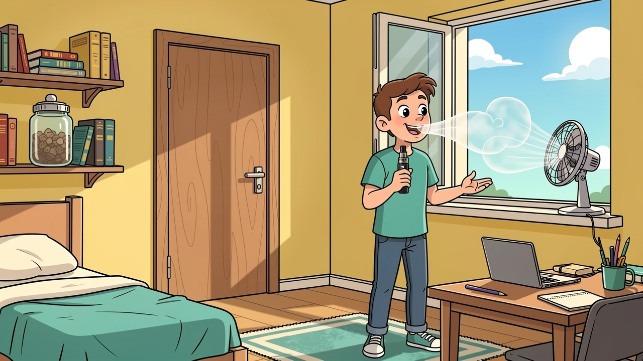 Cartoon student using window and fan to reduce vape smell