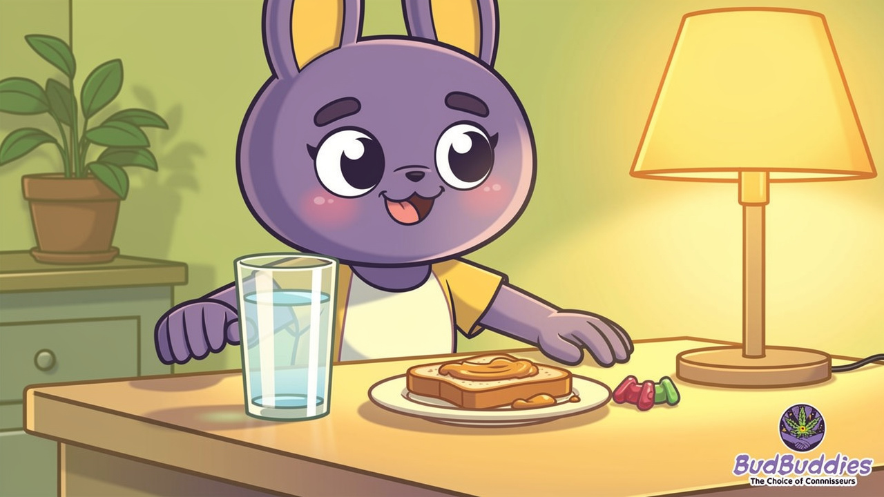 Cartoon character preparing water and snack before taking edible