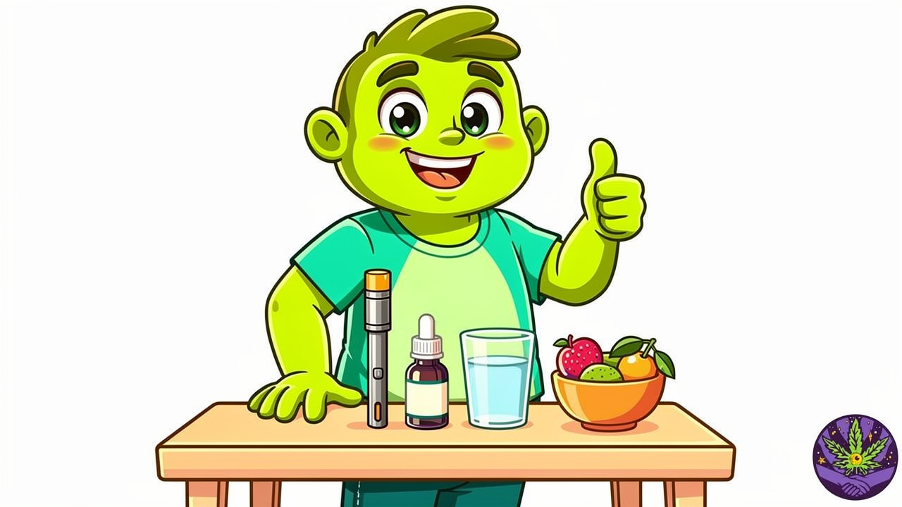 Cartoon character prepared with CBD kit for safer cannabis sessions