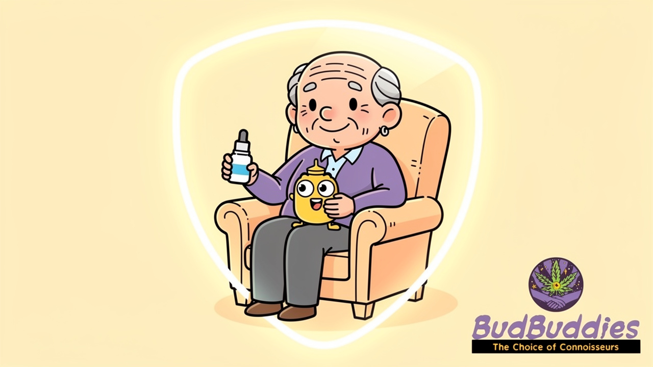 Cartoon elderly person using eye drop character for steady care