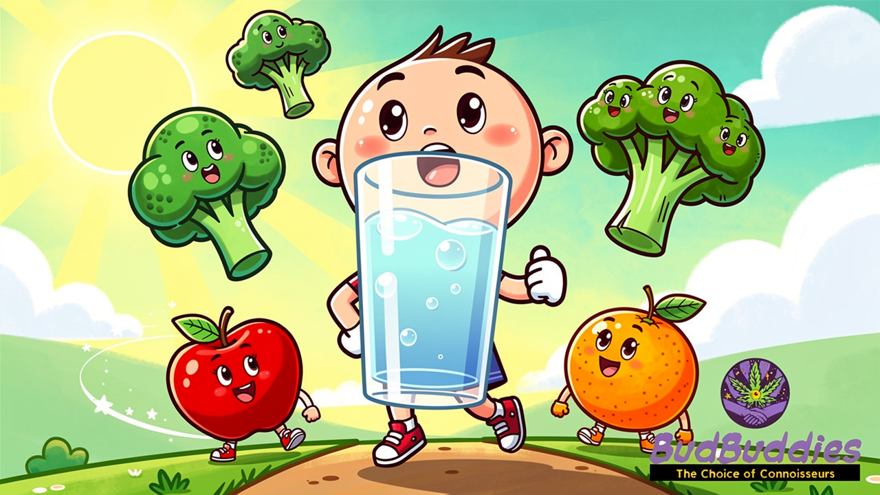 Cartoon character drinking water with healthy cartoon vegetables