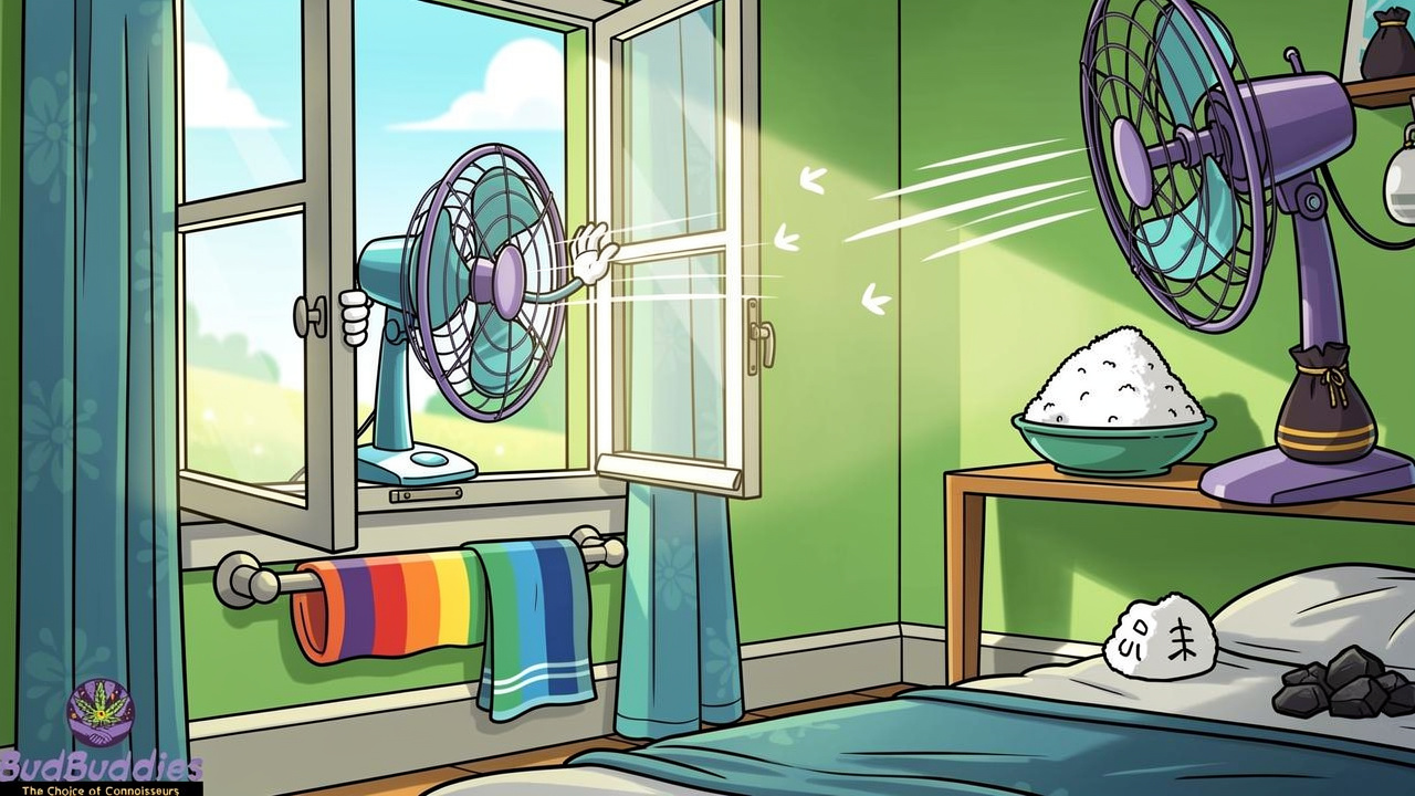 Cartoon character airing out a bedroom to prevent cannabis smell