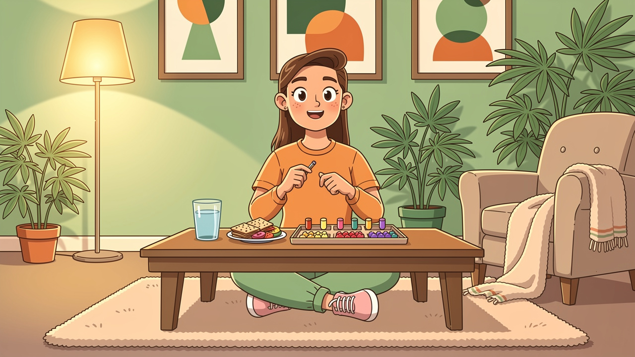 Cartoon character calmly preparing snacks and CBD products beforehand