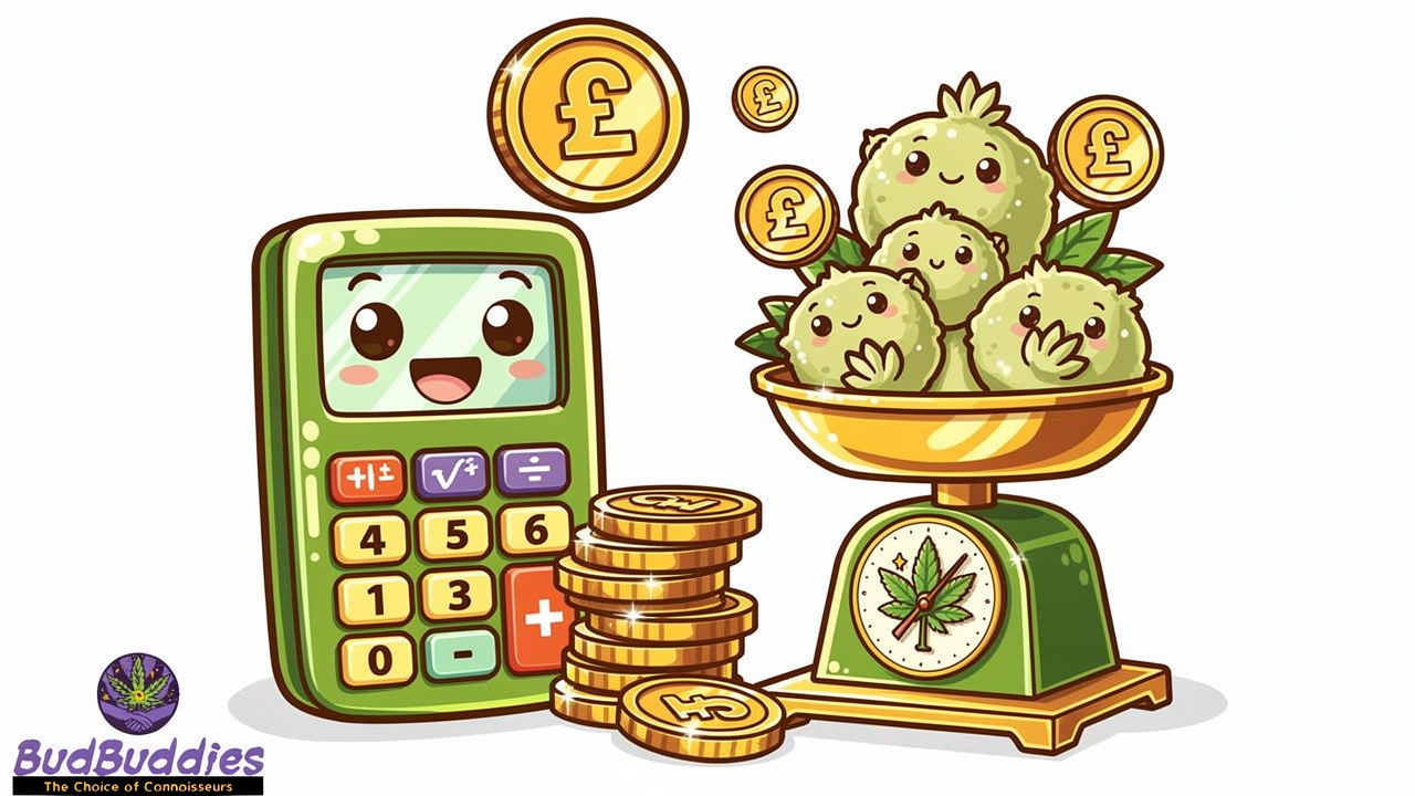 Cartoon calculator comparing cannabis price per gram