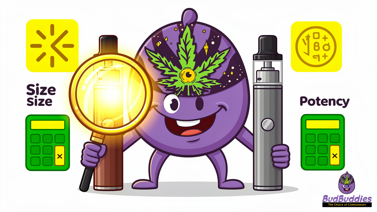 Cartoon character comparing THC vape products by value