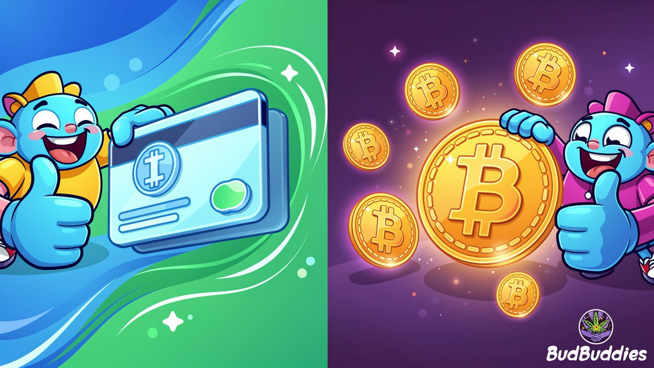 Cartoon comparison of discreet bank transfer and cryptocurrency payment options