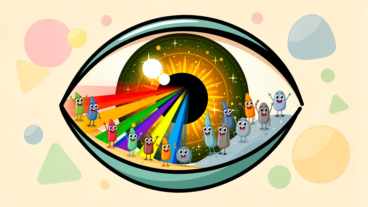 Cartoon eye with dilated pupil receiving vivid colour signals