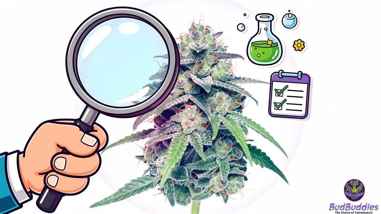 Cartoon magnifying glass inspecting quality cannabis bud