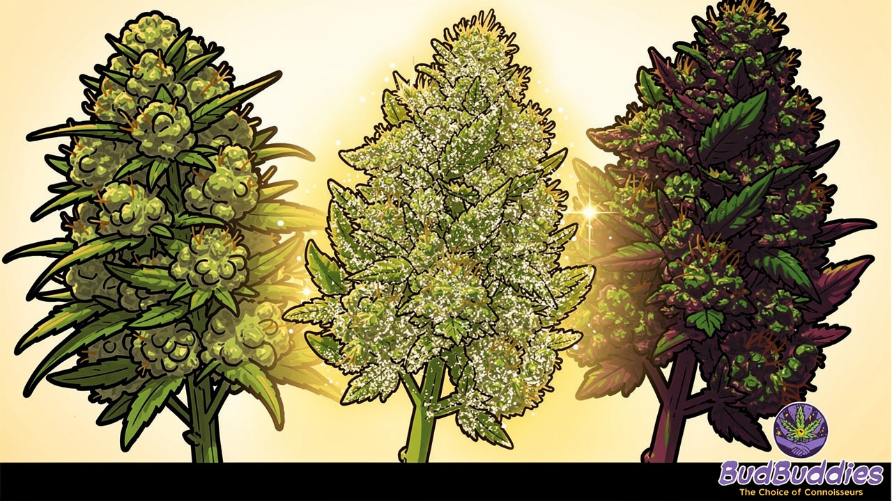Three high-quality cannabis buds displaying frosty trichomes and dense structure