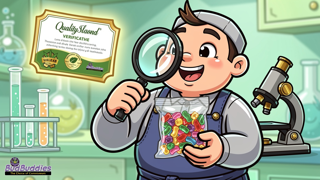 Cartoon character checking quality and lab testing of cannabis edibles