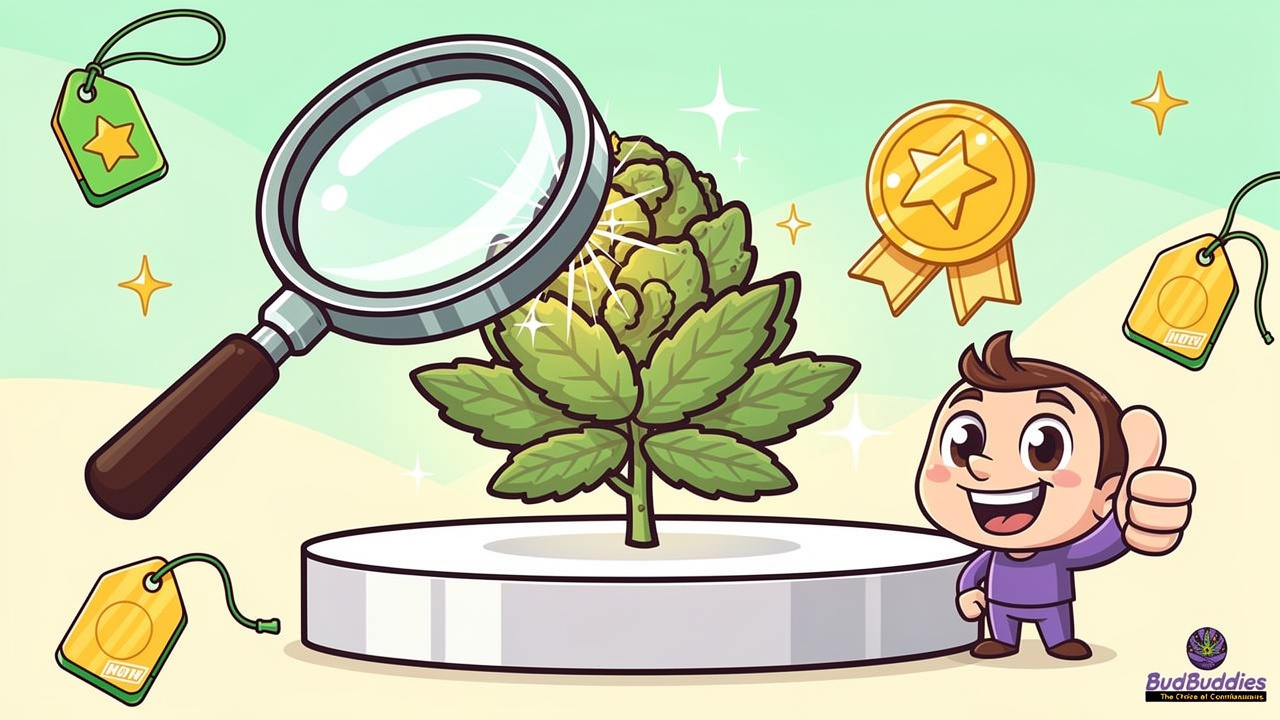 Cartoon cannabis quality check with value badge and thumbs up