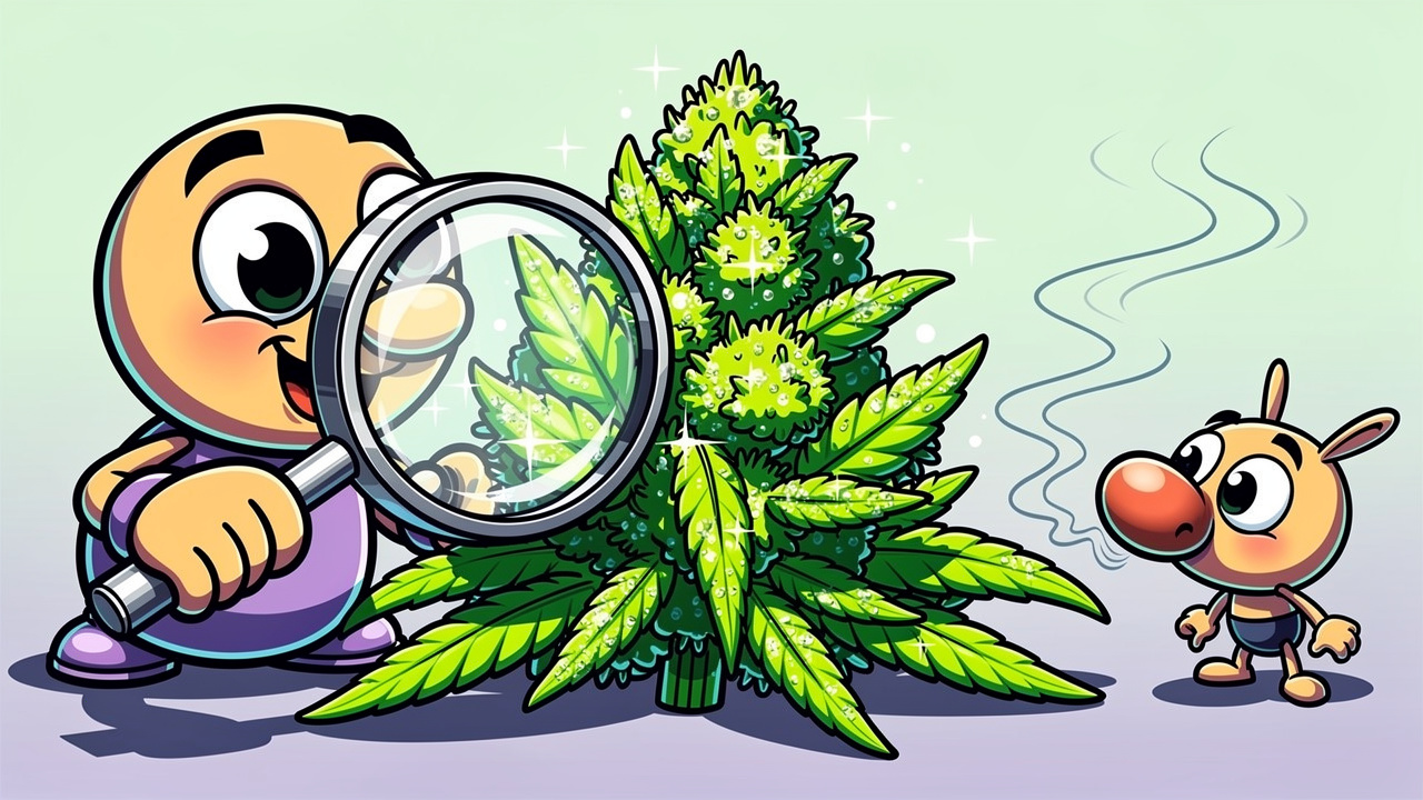 Cartoon character inspecting cannabis bud quality and aroma