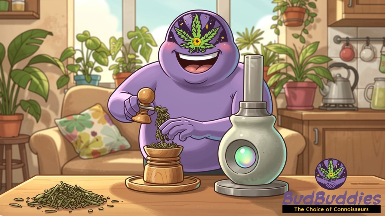 Cartoon character grinding herbs for quiet vaping session