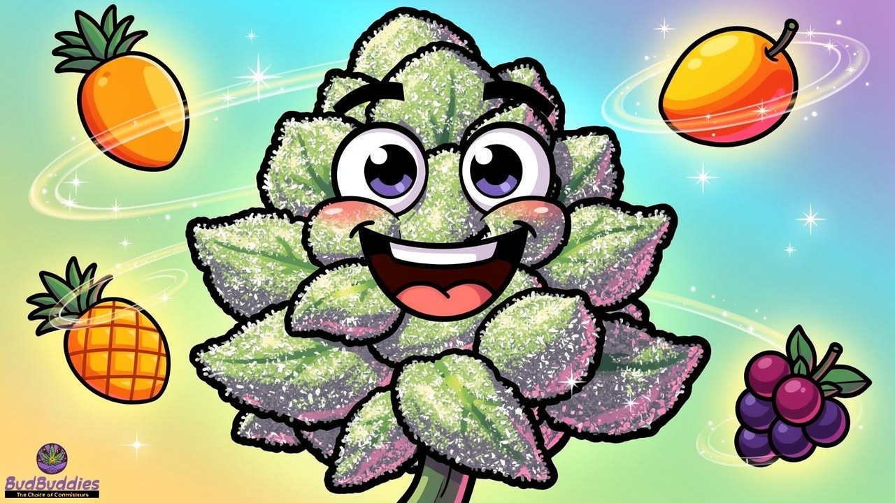 Cartoon bud surrounded by fruity aroma icons