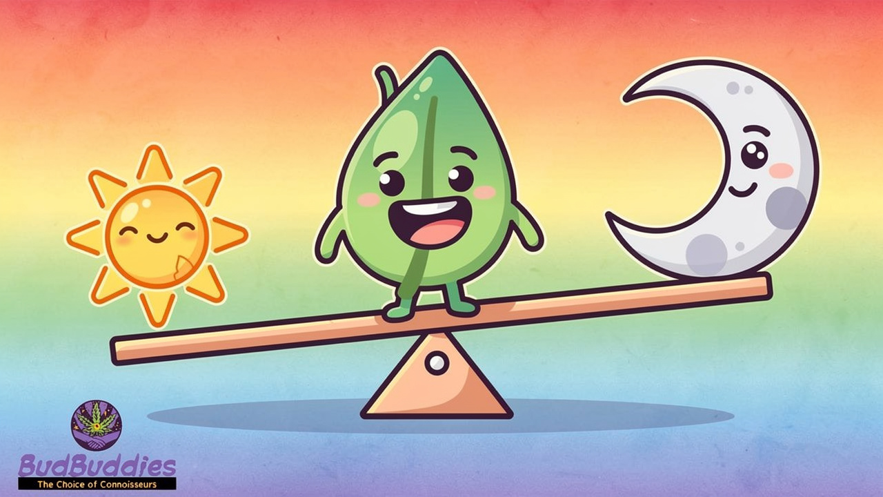 Cartoon mascot showing balanced hybrid strain effects
