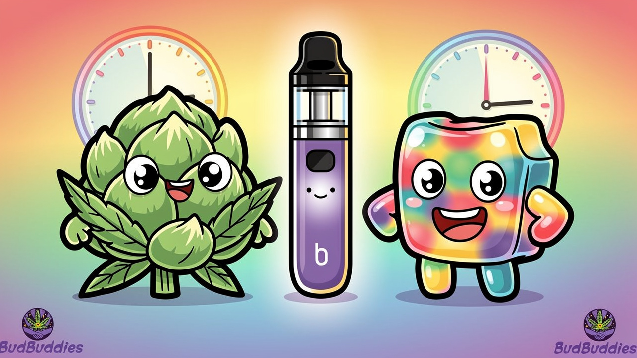 Cartoon comparison of flower, vape and edible formats