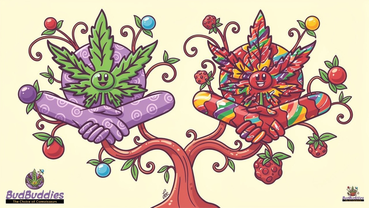 Cartoon family tree showing Rainbow Belts strain genetics