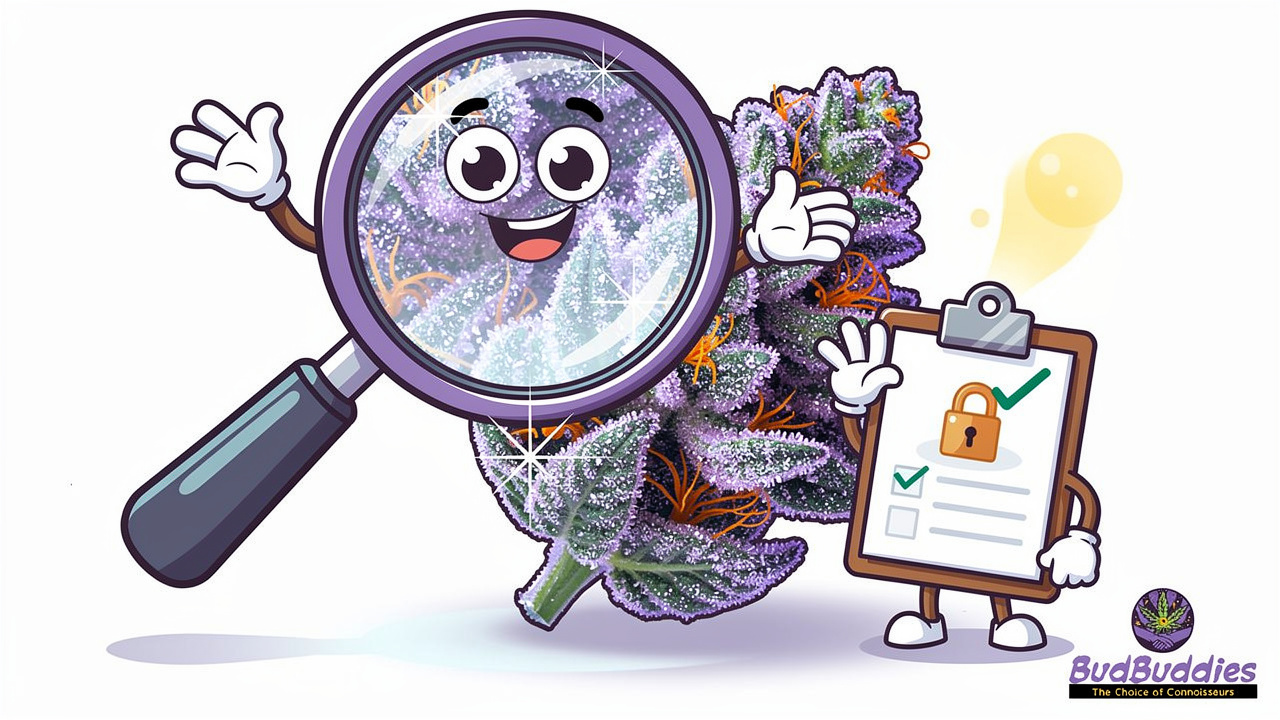 Cartoon magnifying glass inspecting quality cannabis bud