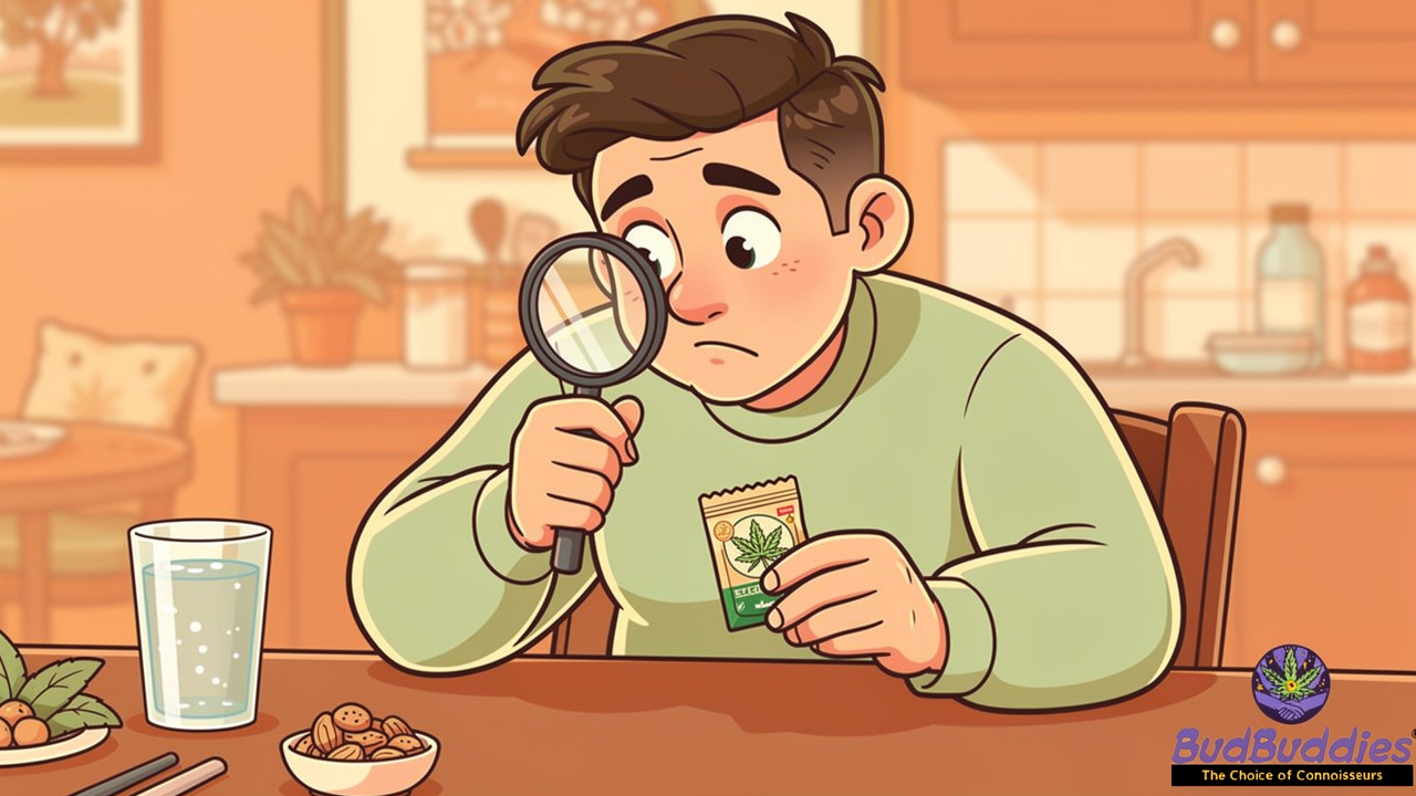 Cartoon person carefully checking cannabis edible dose before consuming