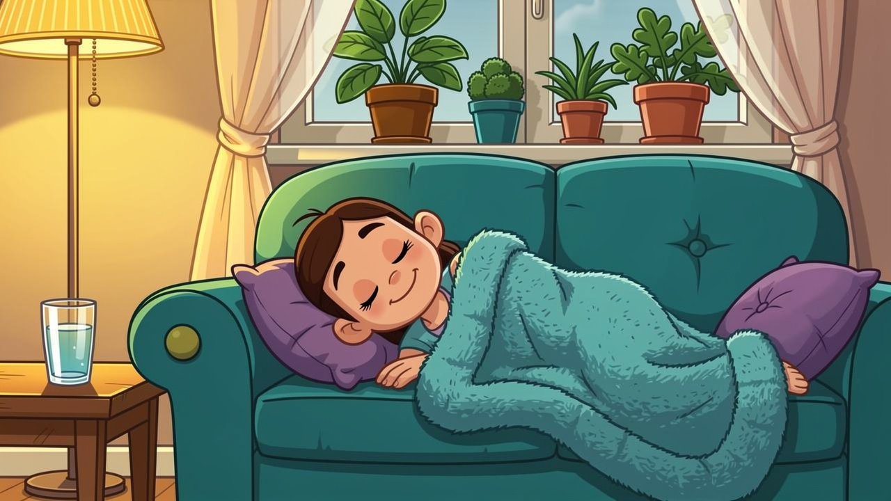 Cartoon character resting comfortably and safely on a cosy sofa