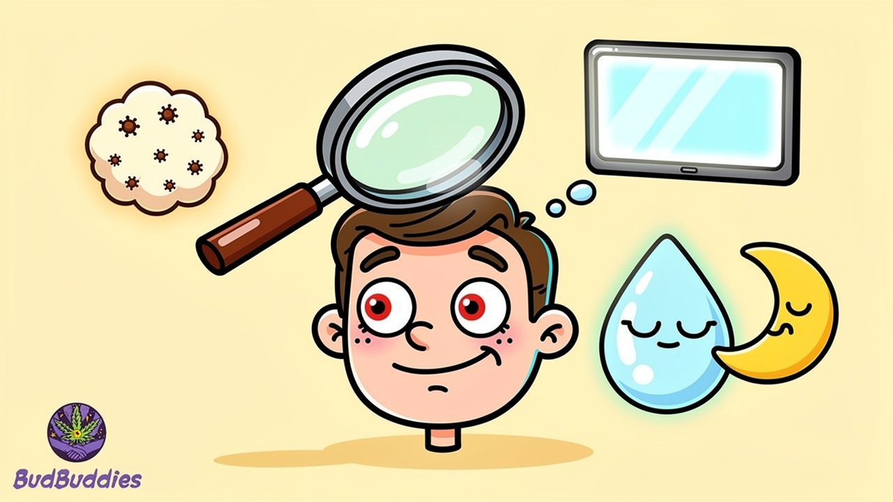 Cartoon magnifying glass exploring causes of red eyes