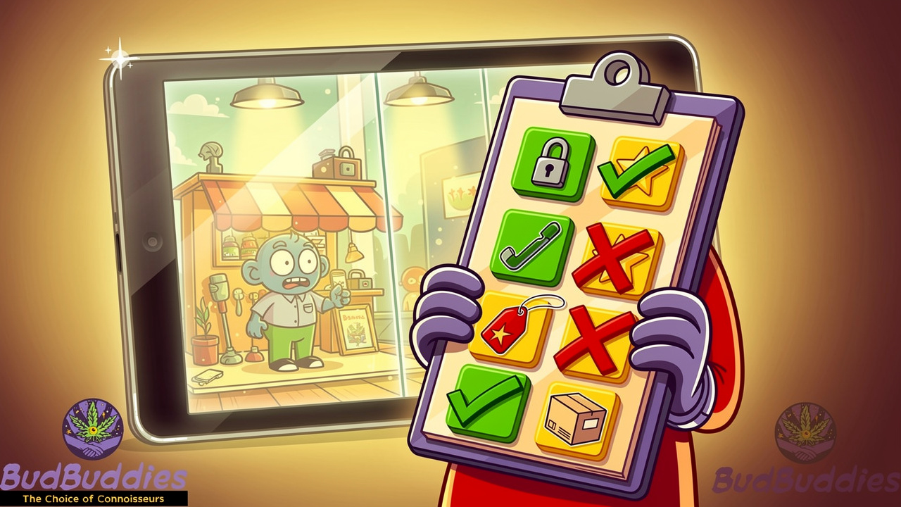 Cartoon character checking red flags on a cannabis website
