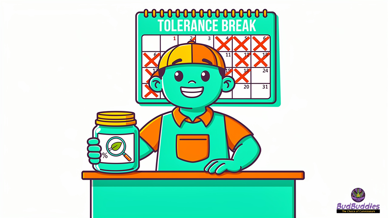 Cartoon character choosing lab-tested cannabis products mindfully
