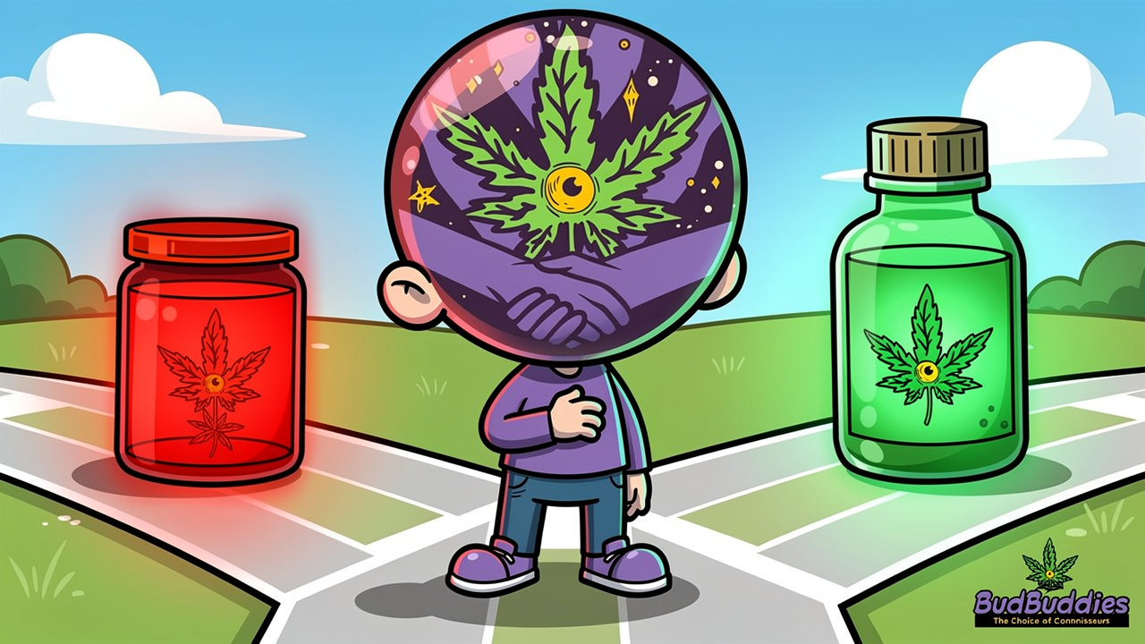 Cartoon figure choosing between high-THC and CBD products