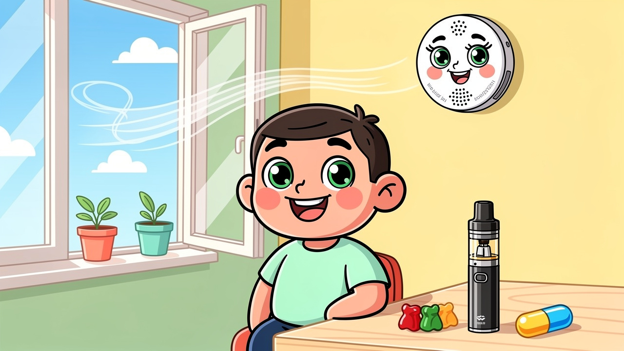 Cartoon character using vape near open window safely