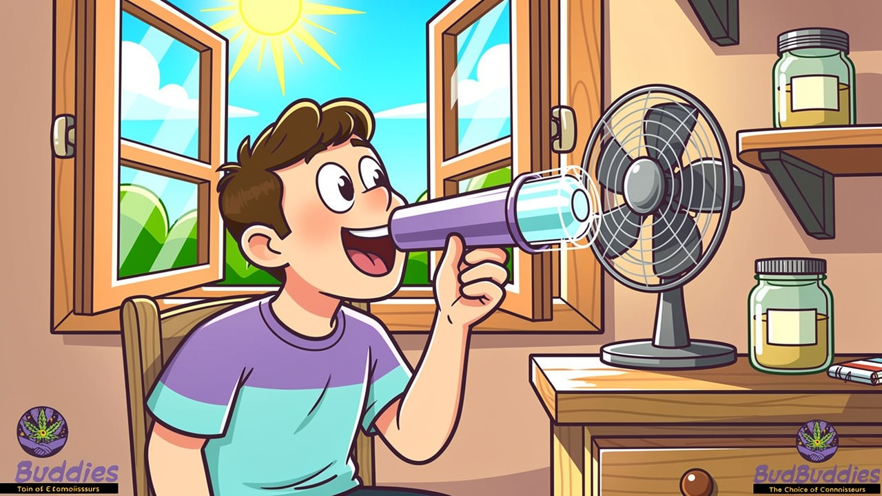 Cartoon character using a sploof near an open window