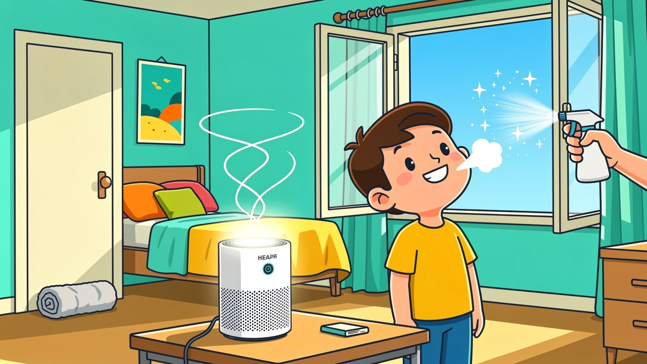 Cartoon student using air purifier and towel to reduce weed smell