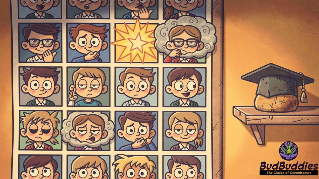 Cartoon showing regular cannabis use impact on student grades over time